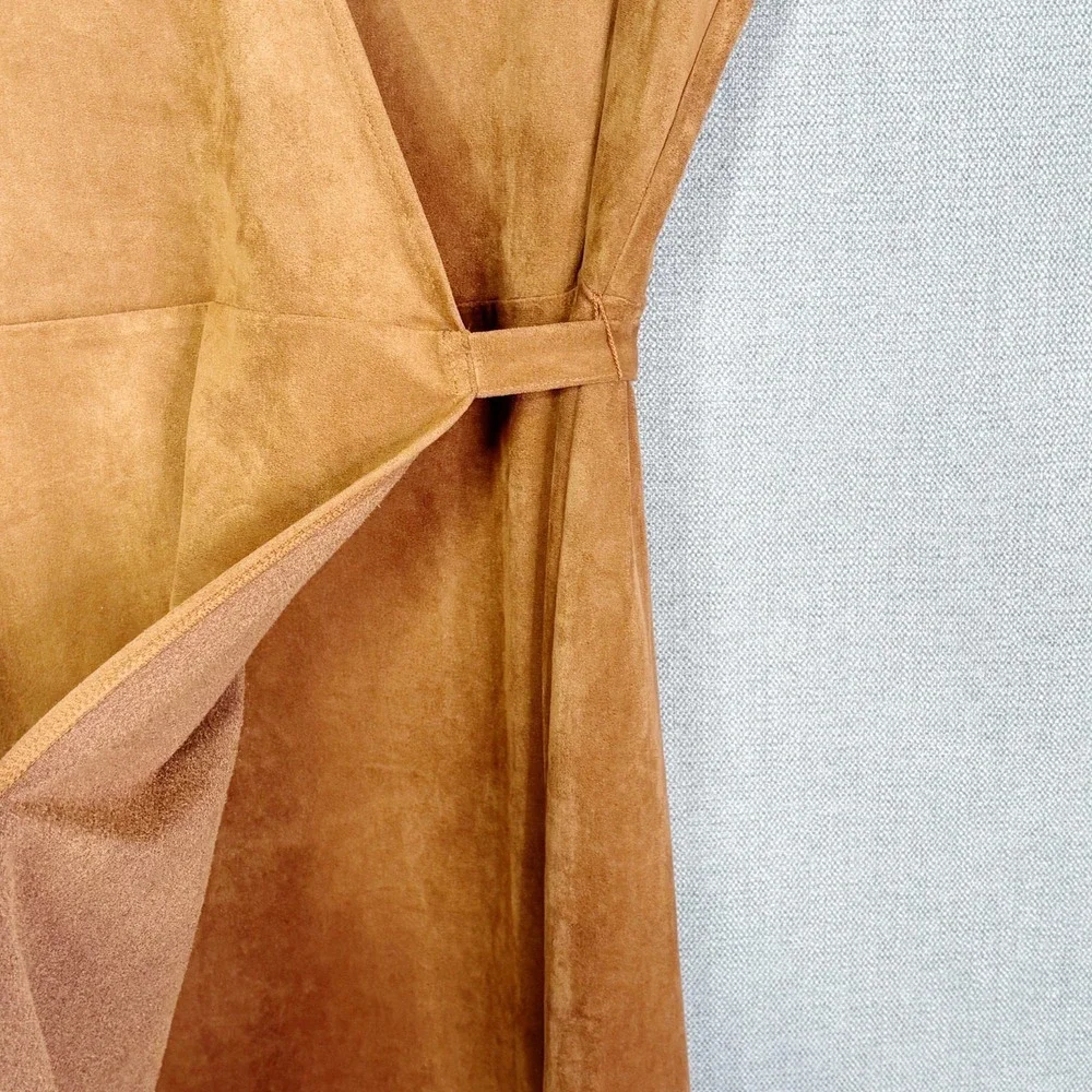 Banana Republic Dress Womens 14 Beige Wrap Midi Faux Suede Vegan Sleeveless Work